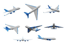 A Collection Of Airplane Icons In Different Positions With Designs And Patterns, Isolated On A Transparent Background. 3d Rendering