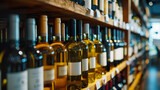 Fototapeta  - White and red wine bottles on wooden racks in wine store