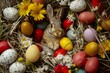 Happy Easter Eggs Basket Religious artwork. Bunny in eggshell cracking flower Garden. Cute 3d plush party favor easter rabbit illustration. Easter soft toy card wallpaper orange crush
