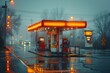 A vibrant red light illuminates the winter night sky above the wet gas station, as the rain fills the streets and the outdoor filling station glistens with a cool blue hue