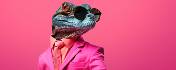 Funny lizard wearing a pink suit and glasses on red pink background.