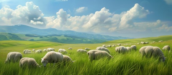 Wall Mural - Serene pastoral landscape with a flock of sheep peacefully grazing in lush green meadow