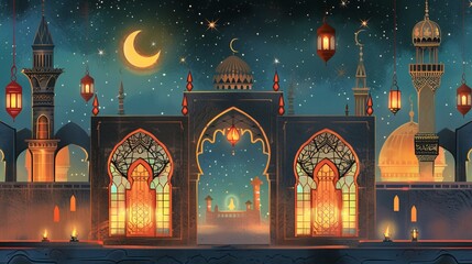 Wall Mural - Collection of modern style Ramadan Mubarak greeting cards with retro Boho design. Windows and arches with moon, mosque dome and lanterns