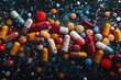 A colorful array of pharmaceutical drugs and capsules are contained within a bottle, offering both potential relief and cautionary warnings