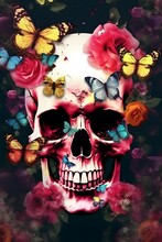 a skull surrounded by flowers and butterflies, skull bones flowers, skull made of red roses, sugar skull, fantasy skull, death skull, floralpunk, sacred skull, beautiful iphone wallpaper, portrait f