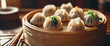 Steaming dim sum basket filled with assorted dumplings, set on a traditional bamboo mat with soft 