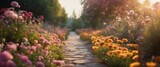 Fototapeta Góry - Whimsical Garden Pathway, lined with glowing flowers leading to a soft-focus, dreamlike horizon