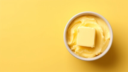 Bowl with melted butter or cheese on yellow background, top view, copy space. Dairy products