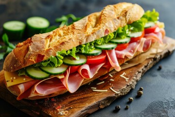 Canvas Print - Lettuce tomatoes cucumber ham salami and cheese stuffed in ciabatta