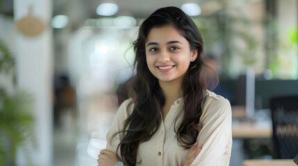 Wall Mural - Positive beautiful young indian business woman posing in office with hands folded, looking at camera with toothy smile. Happy female entrepreneur, professional, worker girl head shot portrait