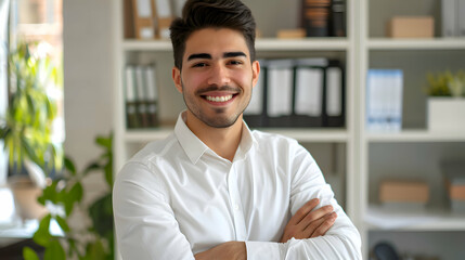 Wall Mural - Positive beautiful young hispanic business man posing in office with hands folded, looking at camera with toothy smile. Happy latin male entrepreneur, corporate head shot portrait