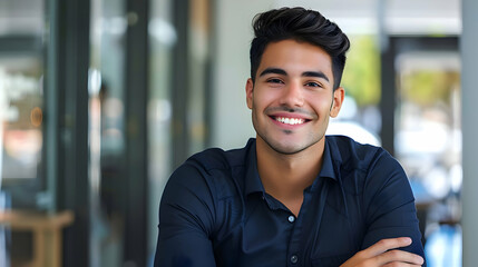 Wall Mural - Positive beautiful young hispanic business man posing in office with hands folded, looking at camera with toothy smile. Happy latin male entrepreneur, corporate head shot portrait