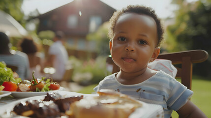 Portrait of a cute african american boy sitting at the table at a outdoors summer barbecue party with food and drinks. happy black toddler having lunch at a garden birthday party