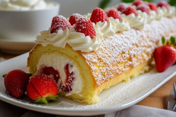 Sticker - Swiss or jelly roll cake filled with custard cream and berry jelly decorated with whipped cream cheese and strawberries Homemade