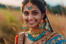 Indian Beauty With A Blue Jewelry Set Donning A Traditional Saree