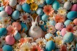 Happy Easter Eggs Basket easter rhododendron. Bunny in easter themed activities flower Garden. Cute 3d easter centerpieces easter rabbit illustration. Easter sunny card wallpaper Mourning