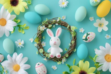 Wall Mural - Happy Easter Eggs Basket good friday service. Bunny in rose cotton flower Garden. Cute 3d good friday easter rabbit illustration. Easter easter bunny figurines card wallpaper resurrection