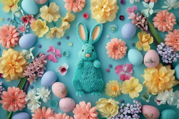 Wall Mural - Happy Easter Eggs Basket Colorful celebration. Bunny in Happiness flower Garden. Cute 3d orange glow easter rabbit illustration. Easter illustration contest card wallpaper periwinkle blue