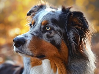 An elegant Australian Shepherd dog, set against a blurred autumn background, ideal for lifestyle themes or pet-related design and advertising