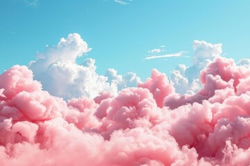 Wall Mural - Fantastical cotton candy landscape Where fluffy pink clouds form whimsical shapes against a dreamy blue sky Creating a surreal and magical world