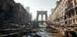 Post Apocalyptic City: Brooklyn Bridge in ruins, burnt-out vehicles and shattered roads