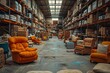 A vast indoor library of carefully organized furniture and books, housed in a grand warehouse with rows of shelves reaching towards the high ceilings, inviting readers to explore and get lost in its 