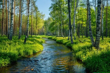 Wall Mural - Stream in a vibrant spring forest With crystal-clear water and fresh greenery Symbolizing renewal and the beauty of nature