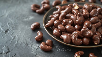 Wall Mural - Chocolate-covered cashews on a dark plate