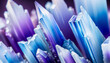  Layers of vibrant blue and purple semi translucent fluorite like crystal point formations, serrated sharp edges texture, shallow depth of field macro closeup background.