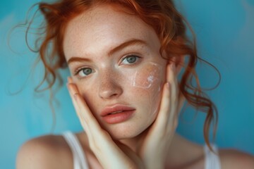 Wall Mural - Redhead woman applying moisturizer to her face blue background