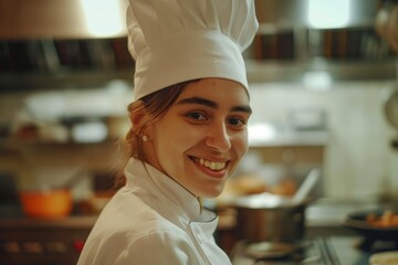 Wall Mural - Happy female chef in white uniform cooking in restaurant kitchen