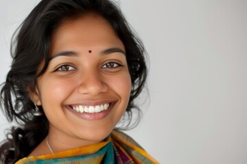 Wall Mural - Smiling Indian woman beautiful and happy on white background