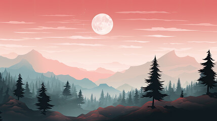 Wall Mural - Minimalist illustration of a mountainous landscape with low sun