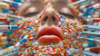 Face covered in pills and syringes symbolizing youth preservation and superficial age longevity
