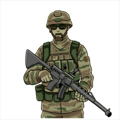 simple illustrations of soldiers, weapons and vehicles