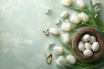 Easter background empty nest with white tulips, eggs and butterflies