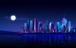 Futuristic night cityscape with illuminated neon light skyscrapers on sea shore illustration. Modern cityscape in moon light.