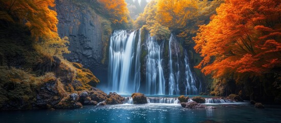 Wall Mural - Majestic waterfall cascading down a rocky cliff in a serene natural setting