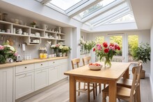 Skylit Farmhouse Bliss: Bright Ambiance, Family Dining, Fresh Flowers
