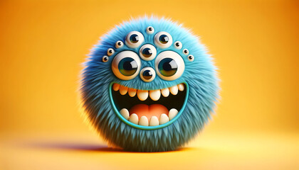 Cheerful Blue Furry Monster with Multiple Eyes on Vibrant Yellow Background