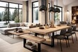 © Michael - Square Coffee Table Chic: Open Concept Dining Room View with Pendant Lights