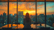 Rear view of a woman in a modern empty office, conference meeting in the office. Businesspeople meeting in office board room for new project discussion at sunset