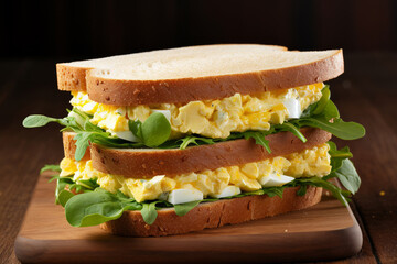 Wall Mural - Egg salad sandwich in a white kitchen on a cutting board for lunch with greens