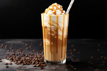 Wall Mural - Iced caramel latte coffee in a tall glass with caramel syrup