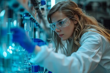 Wall Mural - young woman  in laboratory, scientific equipment, technological environment, research.
