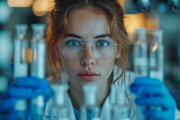 Wall Mural - young woman  in laboratory, scientific equipment, technological environment, research.
