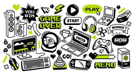 doodle vector set featuring video game elements. gaming controller, retro arcade console, vintage co