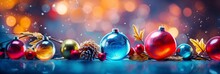Colorful Christmas Baubles With Red Berry Branches And Blurred Bokeh Lights. Christmas Balls And Blurred Shiny Lights Background With Copyspace For Text. Generative AI.	
