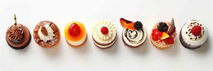 Wall Mural - A row of different types of desserts on a white surface. Generative AI.