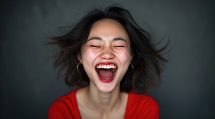 Canvas Print - A woman laughing with her mouth open. Generative AI.